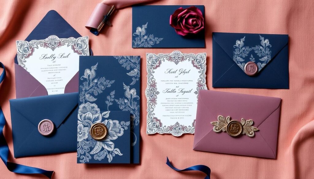 navy and mauve wedding stationery