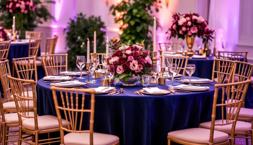 navy blue mauve wedding table decor ideas